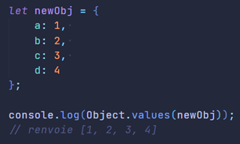 Un console log de la méthode Object.values